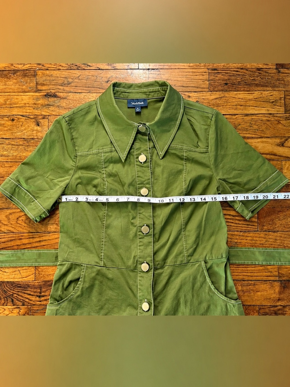 ModCloth Olive Green Utility Shirt Dress Button Front Tie Waist Pockets Retro 8 - Picture 9 of 16